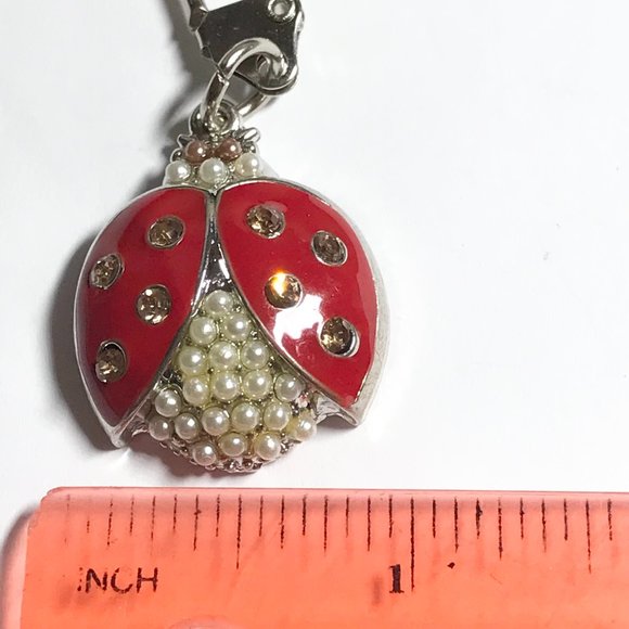 Red Ladybug Keychain Zipper Pull Purse Charm Backpack Pearl Crystal Enamel - Picture 8 of 9